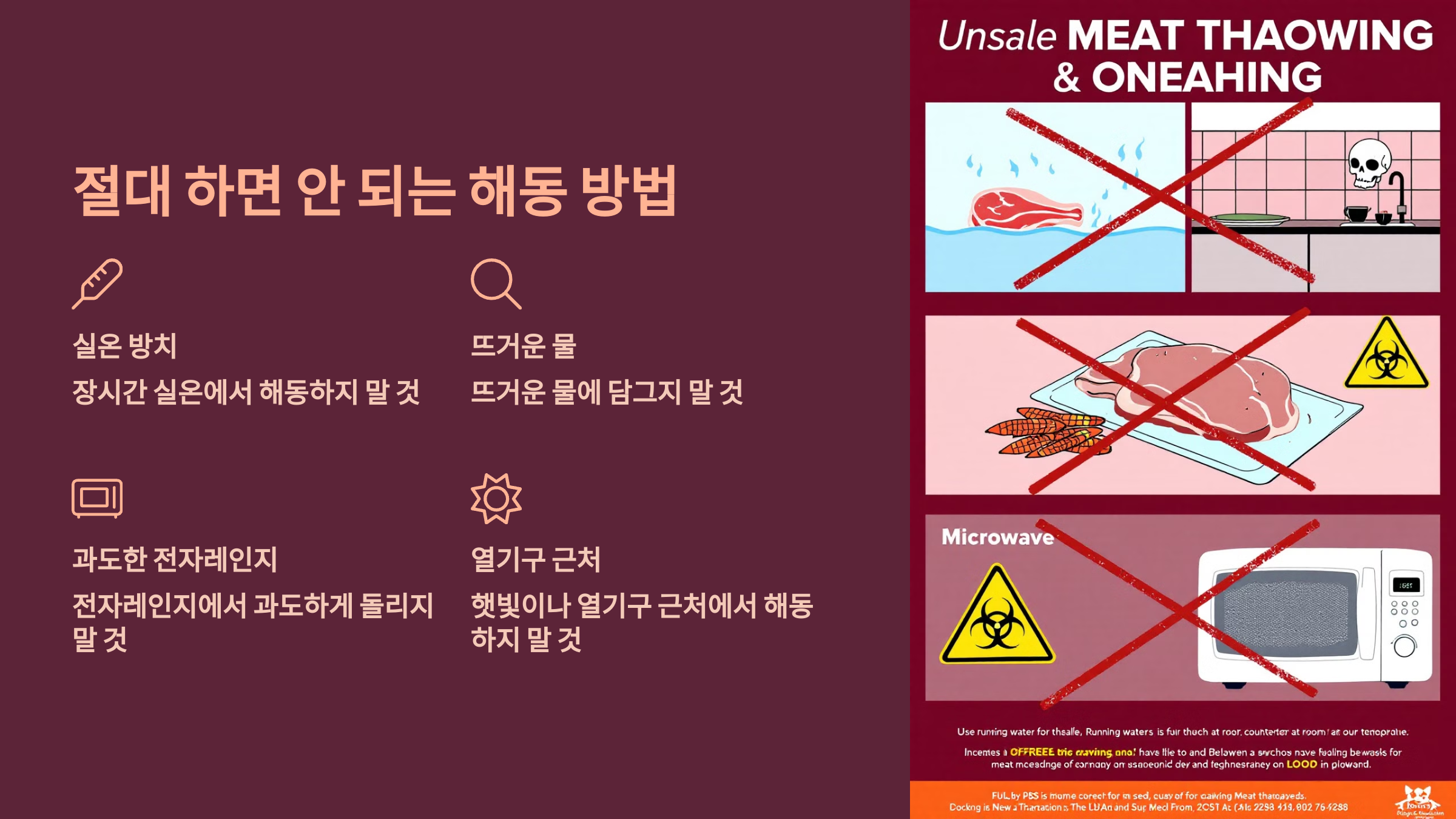 절대 하면 안되는 해동 방법을 설명한 PPT 이미지