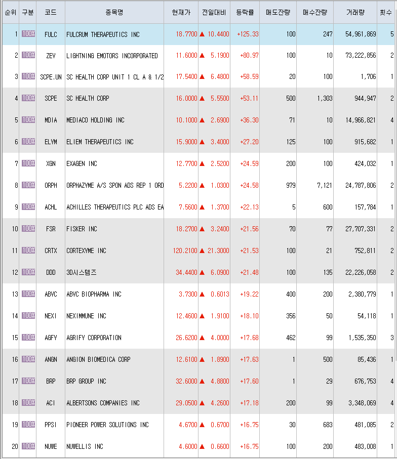  8월10일 미국주식 상승률 상위 종목 TOP 300