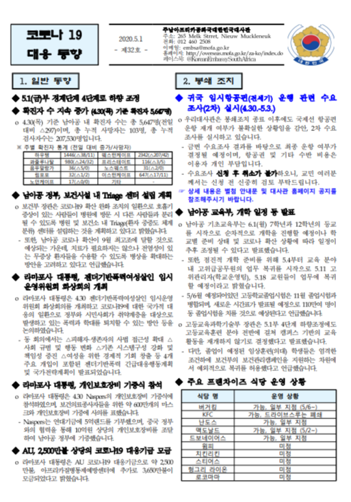  2020. 05.01 남아공 코로나 현황 제 32호