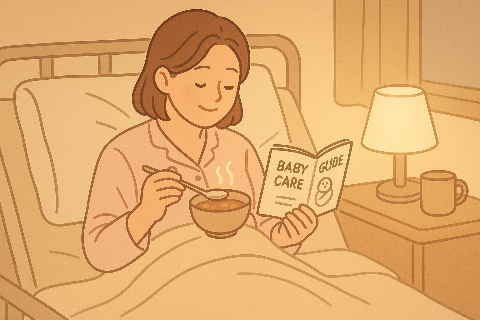 제왕절개 후 산모가 병실에서 따뜻한 음식과 함께 회복 중인 모습