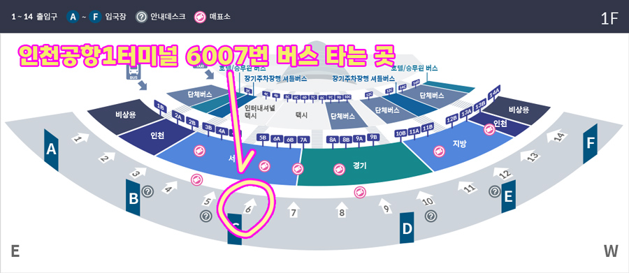 인천공항1터미널에서 여의도 방면 6007번 공항버스 타는 곳