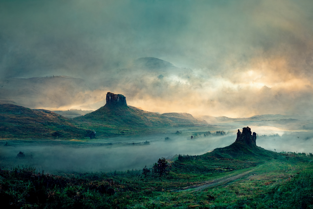/imagine prompt: hills of the scotland highlands&amp;#44; misty fog&amp;#44; Canon RF 16mm f:2.8 STM Lens&amp;#44; award winning photography&amp;#44; by national geographic and upsplash --ar 3:2 --seed 1 --v 3 --s 60000