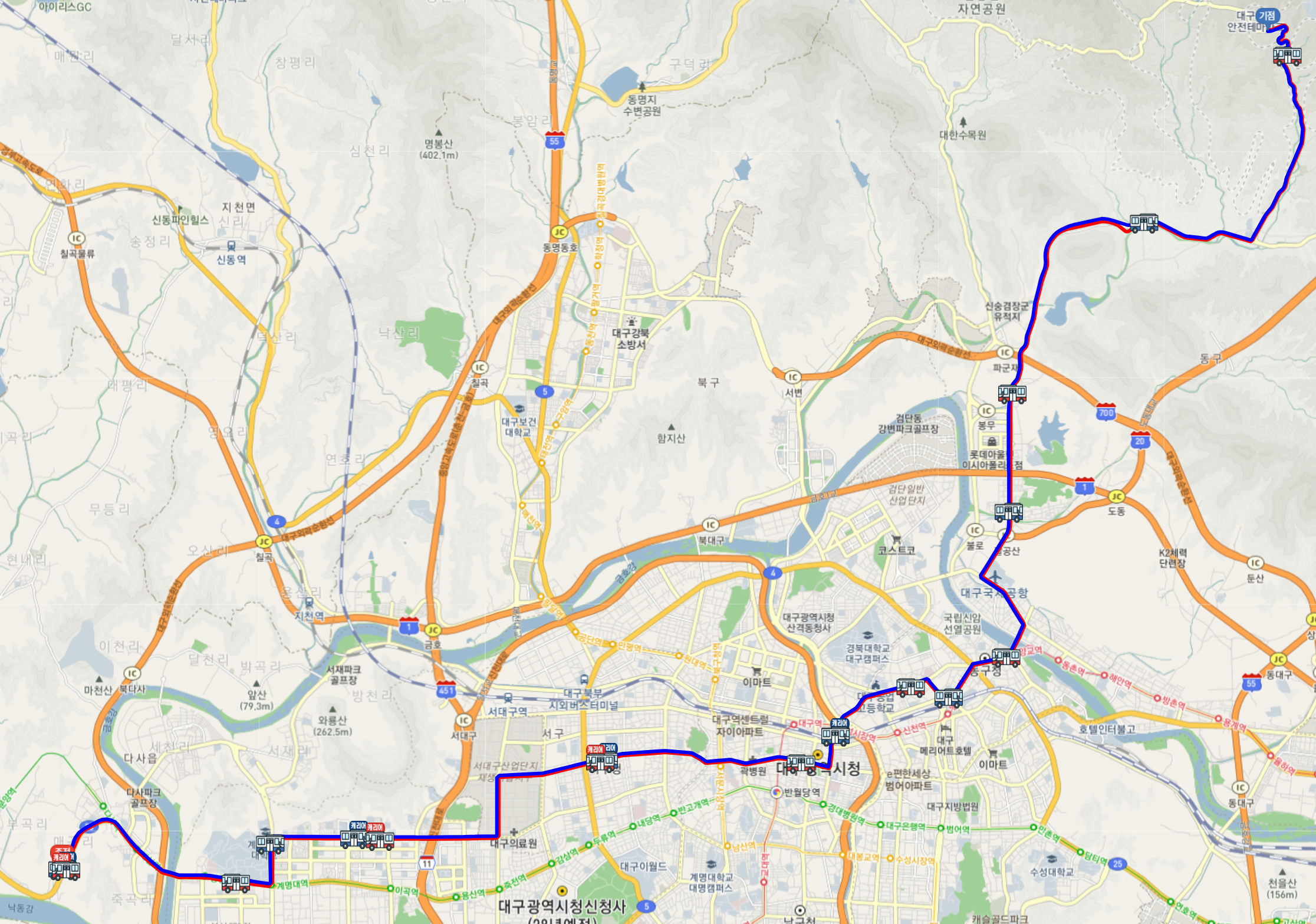 대구 급행1번 버스 운행 지도