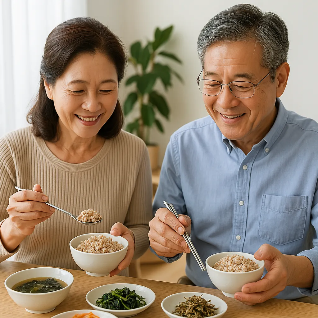 바나듐쌀 식단으로 식사 중인 50대 부부 모습