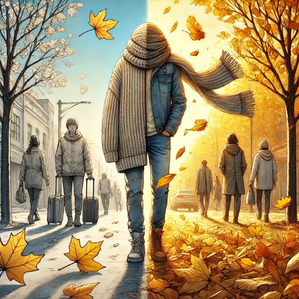 가을의 전환을 보여주는 거리 풍경으로, 사람들이 스카프를 두르고 계절 변화에 맞춰 옷을 입고 있는 모습
