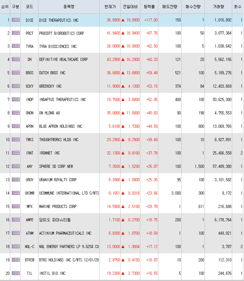  9월15일 미국주식 상승률 상위 종목 TOP 300