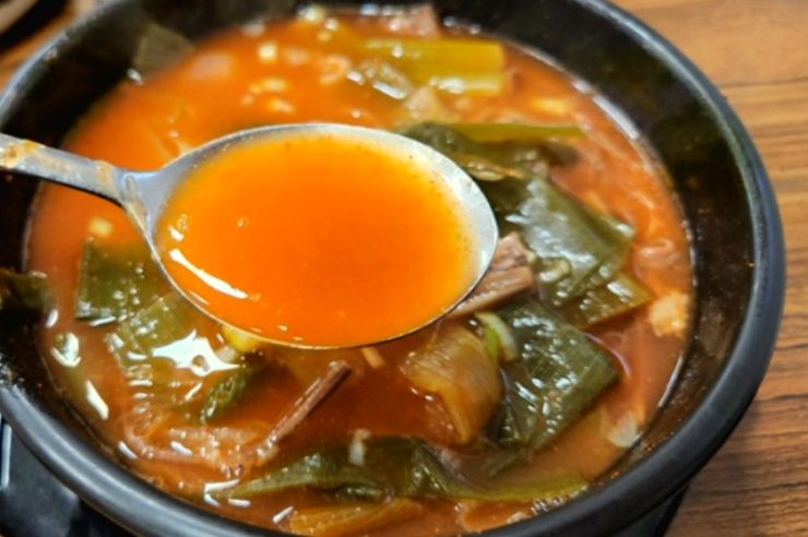 숟가락 - 위에 - 육개장 - 육수