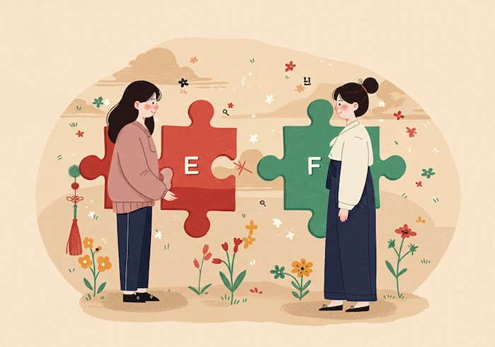 MBTI 극과 극 친구 다름 이해 조화 관계 성장 우정 고민 해결 한국적 일러스트