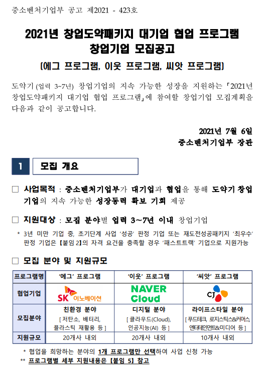  [중소벤처기업부] 2021년 창업도약패키지 대기업 협업 프로그램 창업기업 모집 공고