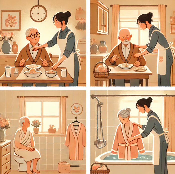 치매 환자의 일상생활 관리
식사 (왼쪽)-환자가 테이블에서 식사를 하도록 도와주는 보호자.
목욕 (가운데)-안전하고 깨끗한 욕실에서 보호자가 환자를 도와주는 모습.
옷 입기 (오른쪽)-보호자가 환자에게 옷을 고르게 도와주고, 스스로 입을 수 있도록 격려하는 모습.