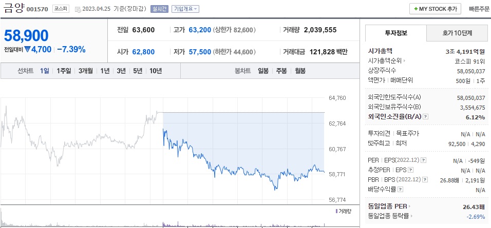  (001570) 금양 주가전망 리튬광산 관련주 불성실공시 주가 하락 목표가는?