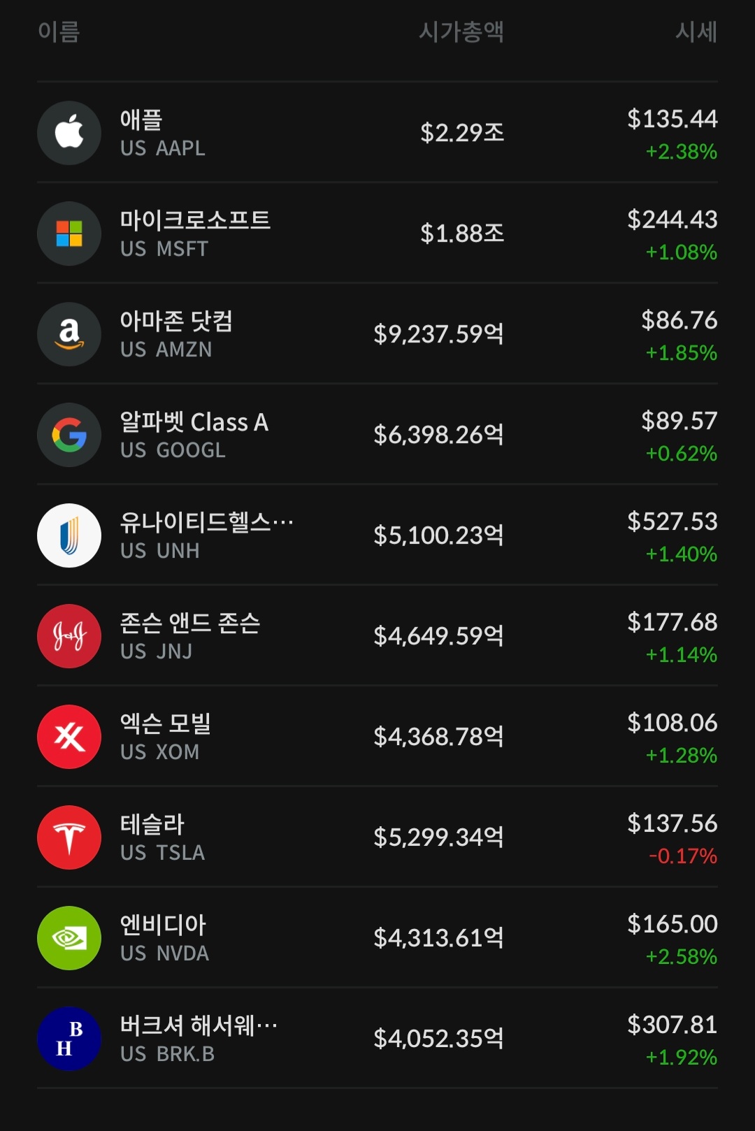 12월 21일 미 증시 시가총액 Top 10 기업 등락