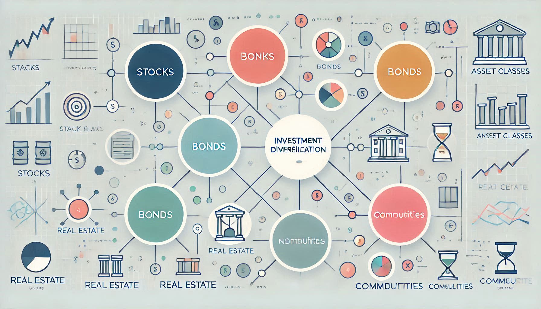 투자 분산화 개념을 보여주는 심플한 인포그래픽. 여러 개의 원형 노드들이 선으로 연결되어 있으며, 각각 다른 자산 군(주식, 채권, 부동산, 원자재)을 파스텔 톤의 색상으로 표현. 흰색 배경에 미세한 격자 패턴이 있는 깔끔하고 현대적인 평면 디자인