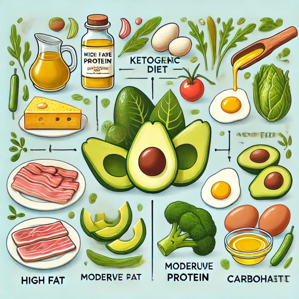 키토제닉 다이어트의 원리를 설명하는 다이어그램. 고지방, 중간 단백질, 저탄수화물 섭취 비율을 보여주는 이미지로, 아보카도, 올리브 오일, 계란, 녹색 채소 등의 식품이 포함되어 있습니다.