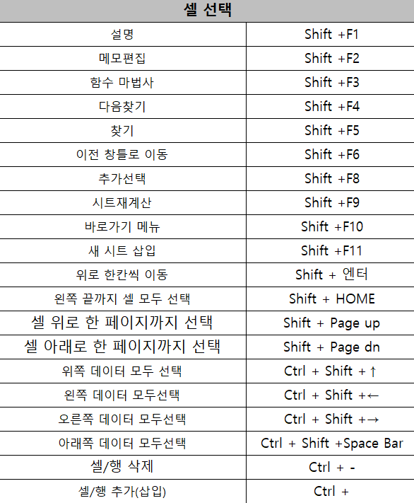 엑셀 단축키