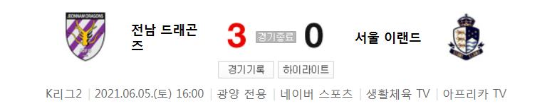  K리그2 / 국내축구 - 전남 VS 서울 이랜드 (3 - 0) 2021시즌 15라운드 하이라이트 (2021년 6월 5일)