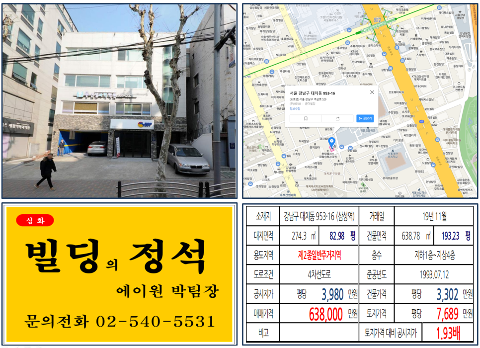  [강남구 대치동 휘문고 대로변 꼬마빌딩 실거래가 조회] 대치동 953-16 (삼성역) 63.8억 원, 평당 7,689만 원, 대치동구마을재개발, 대치푸르지오써밋, 대치동학원가