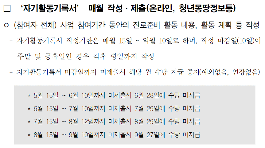 서울시 청년수당 자기활동기록서 매월 제출
