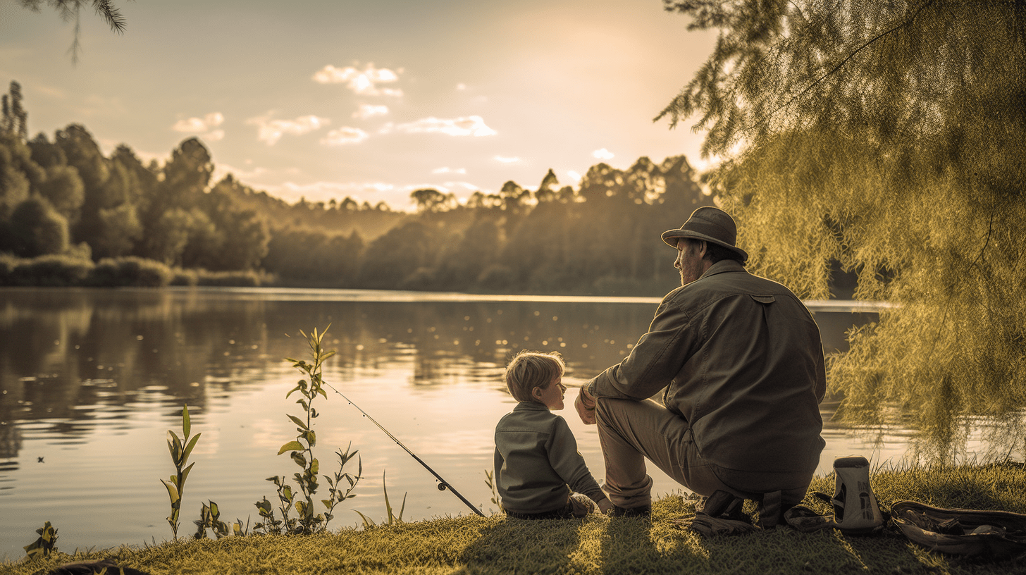 Father and son enjoying fishing together at a tranquil lake