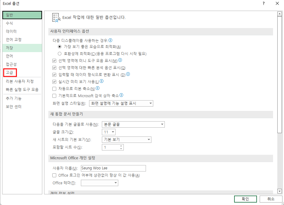 Excel 옵션 창 - 고급 메뉴