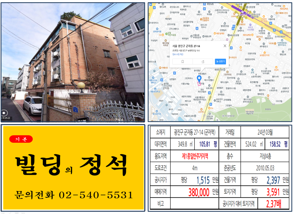 광진구 군자동 27-14번지 건물이 2024년 03월 매매 되었습니다.