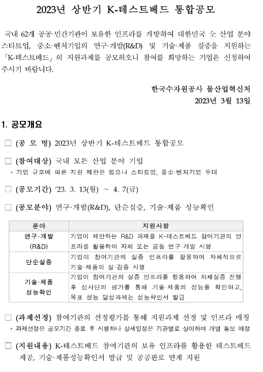  2023년 상반기 K-테스트베드 통합 공모