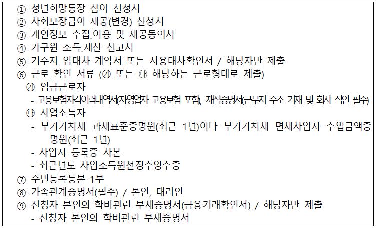 대전 청년희망통장 제출서류 목록