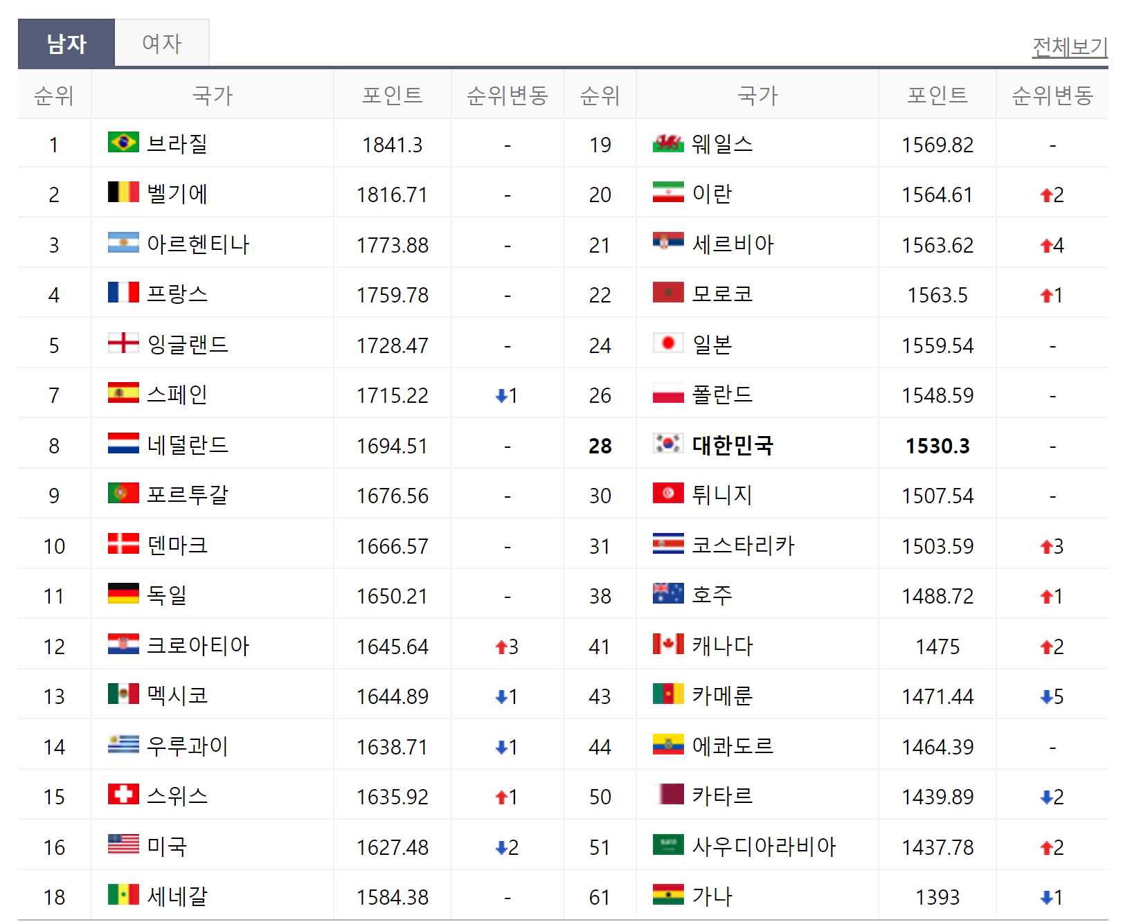 한국 브라질 피파랭킹