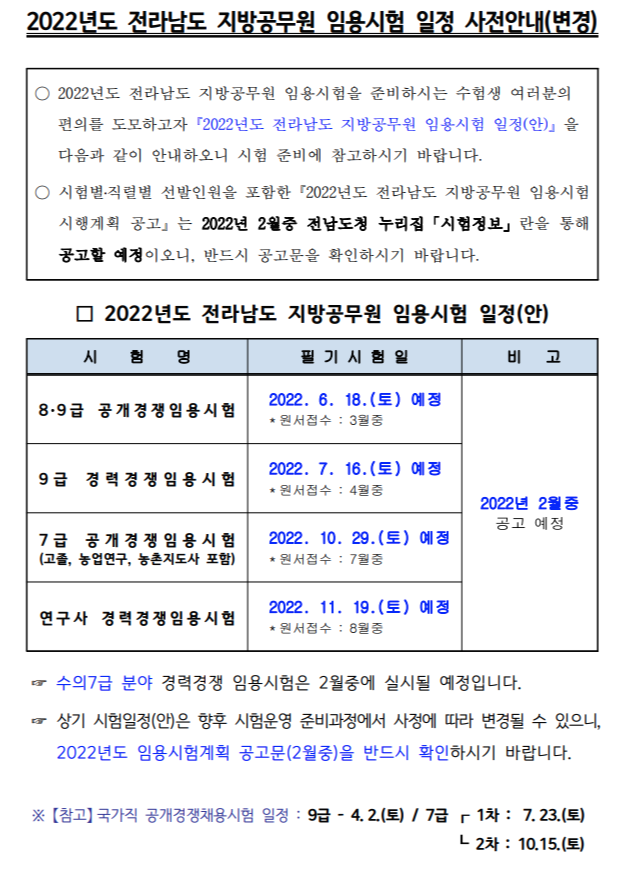  [2022 전라남도 지방직공무원] 시험일정 및 변경사항