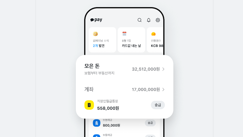 카카오페이 - 송금, 결제 기능뿐만 아니라 자동 지출 내역 분류 기능 포함.