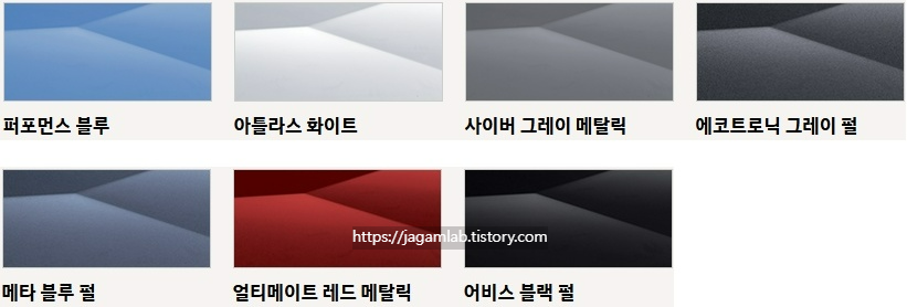 2026 아반떼 N 퍼포먼스 블루, 아틀라스 화이트, 사이버 그레이 메탈릭, 에코트로닉 그레이 펄, 메타 블루 펄, 얼티메이트 레드 메탈릭, 어비스 블랙 펄 외장 컬러