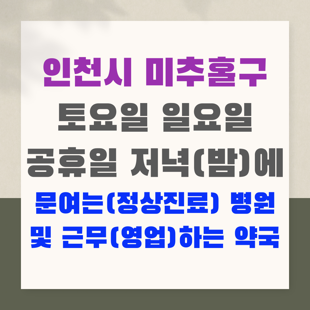 인천시 미추홀구 토요일 일요일 공휴일 저녁(밤)에 문여는(정상진료) 병원 및 근무(영업)하는 약국