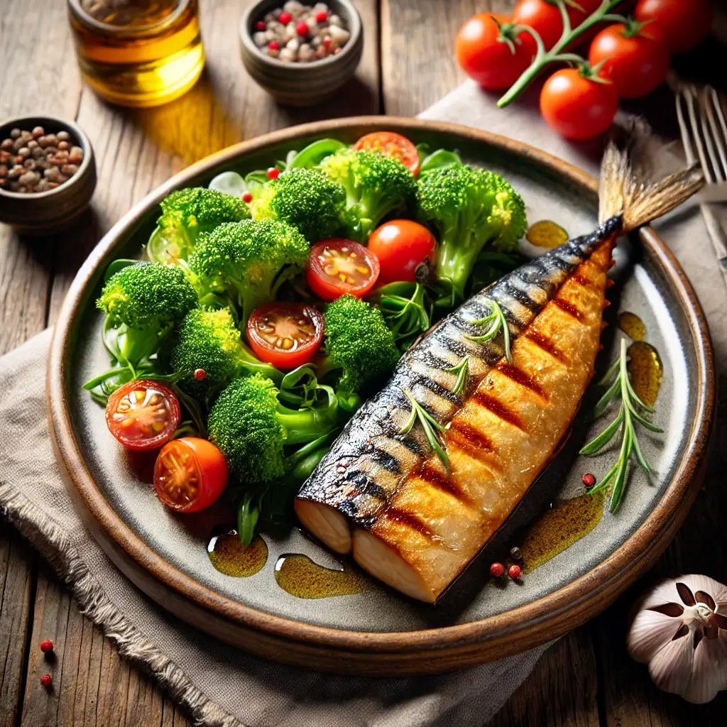 노릇하고 바삭하게 구워진 고등어 구이와 신선한 브로콜리, 방울토마토 샐러드가 조화를 이룬 접시. 올리브오일로 가볍게 버무려진 샐러드와 고등어가 나무 테이블 위에 놓여 있으며, 따뜻한 자연광이 요리의 풍미와 신선함을 돋보이게 하는 모습