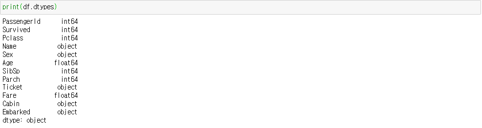 데이터프레임 dtypes 속성 결과
