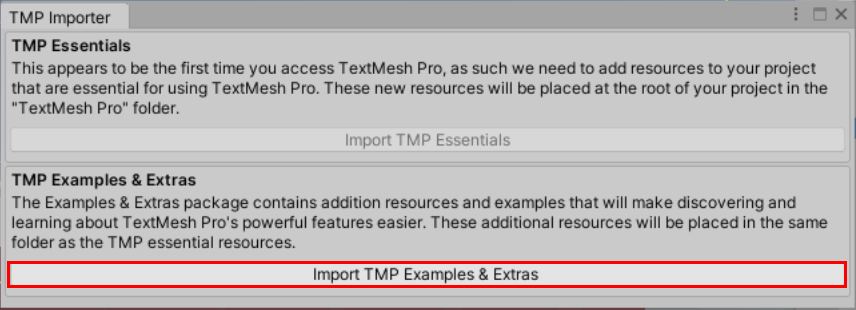 코더제로 유니티 매뉴얼 TextMesh Pro TMP Examples & Extras 가져오기 : Import TMP Examples & Extras 클릭