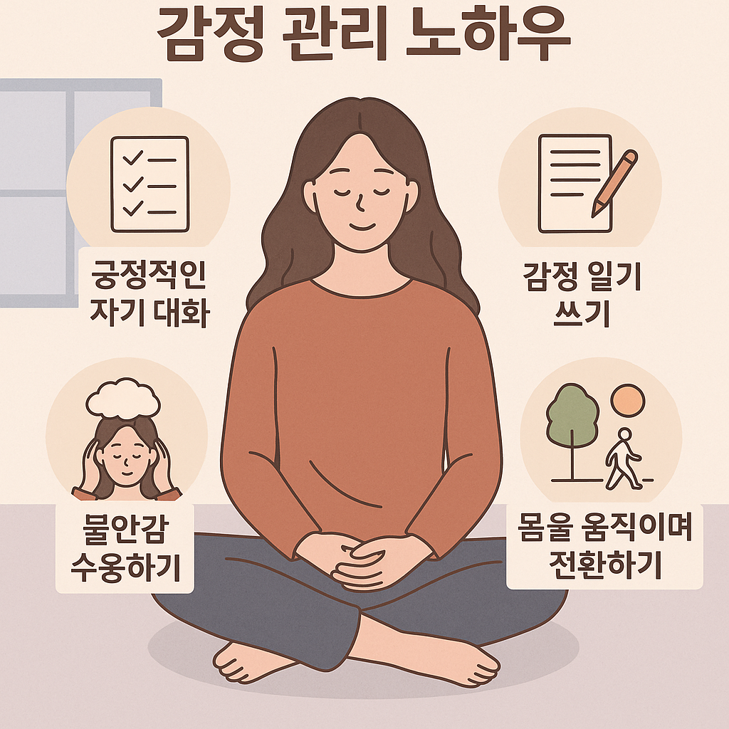 명상 자세로 앉아 있는 여성이 중심에 있는 일러스트입니다. 여성은 평온한 표정을 짓고 있으며, 주변에는 감정 관리를 위한 네 가지 팁이 아이콘과 함께 배치되어 있습니다.