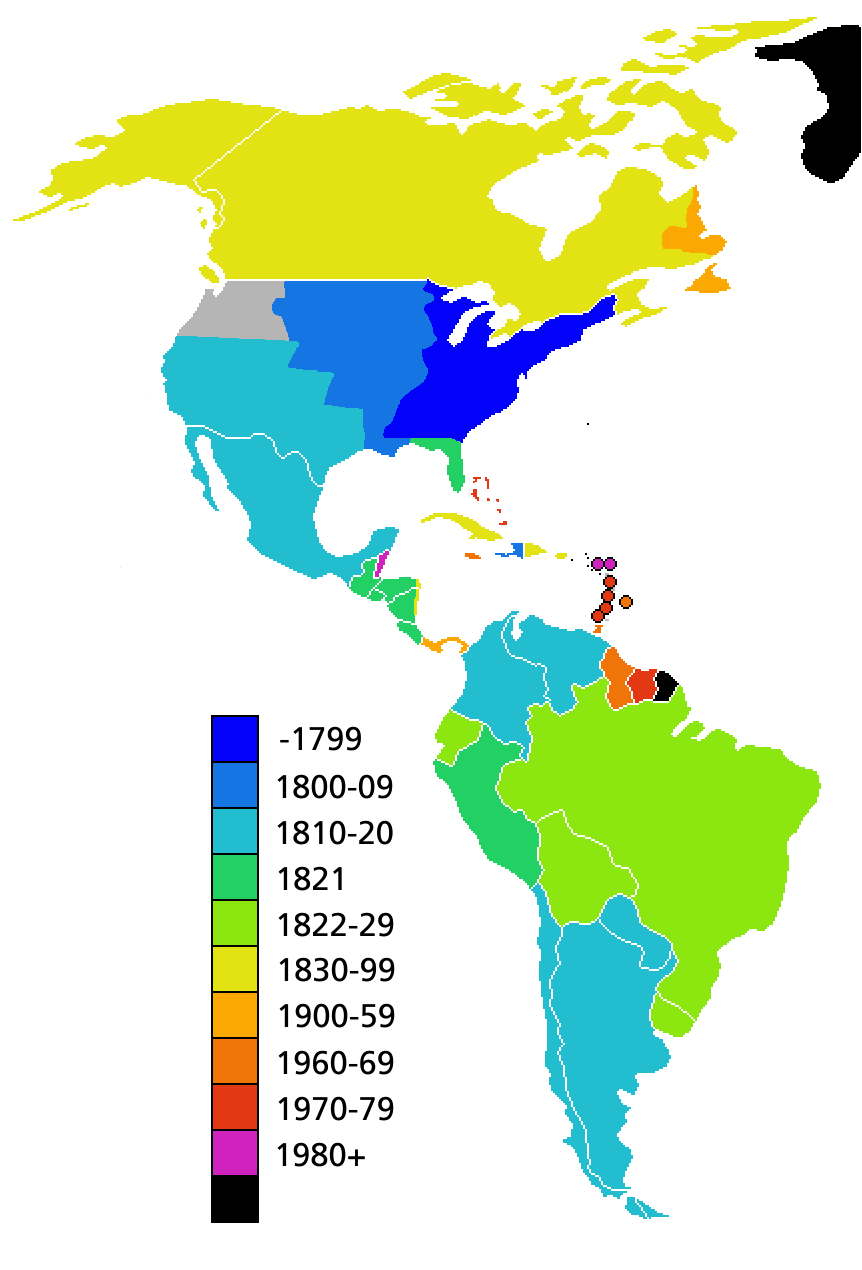 아메리카 국가 독립년도 지도