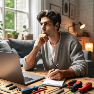 노트북을 보며 고장 원인을 생각하는 남성
