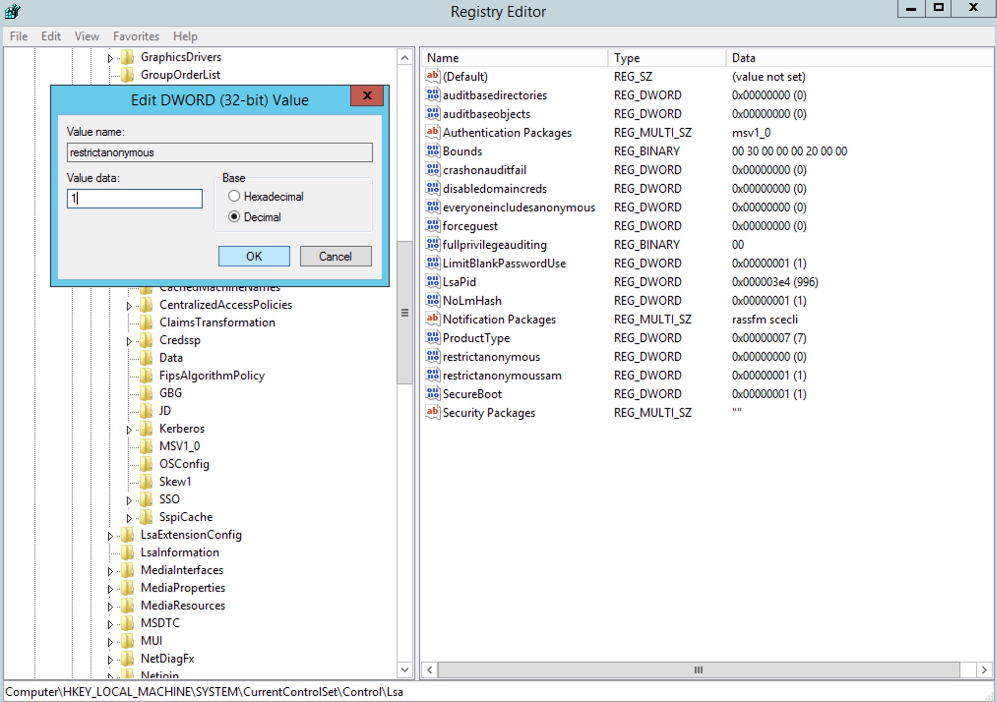 SMB NULL Session Authentication 레지스트리 수정