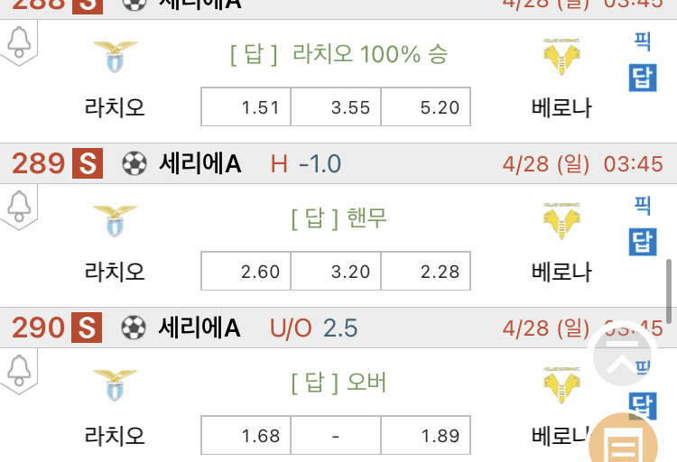 [진짜총판] 4월28일 라치오 VS 베로나 해외축구분석