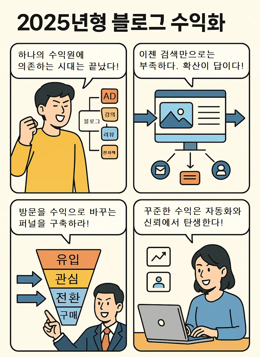 2025년형 블로그 수익화 전략을 주제로 한 4컷 웹툰: 멀티 수익 구조 구축, 콘텐츠 확산, 퍼널 설계, 자동화와 신뢰 확보를 단계별로 표현