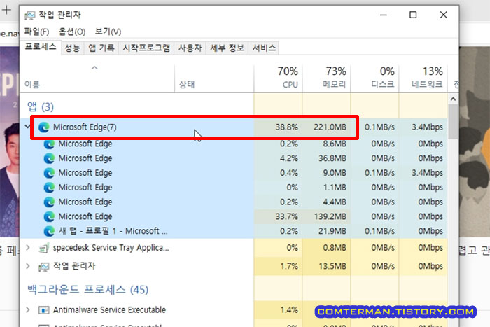 엣지 브라우저 CPU 점유율 메모리 사용량