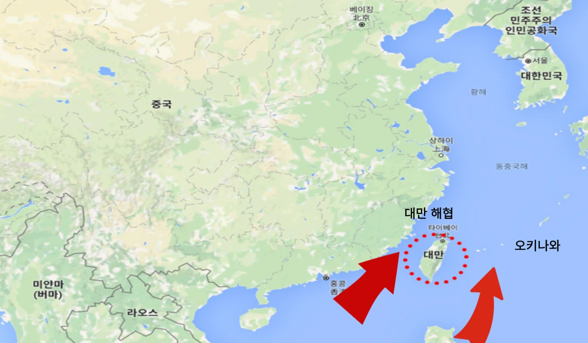 대만해협-오키나와-지정학적 위치-무역경로-표시하는-화살표-사진