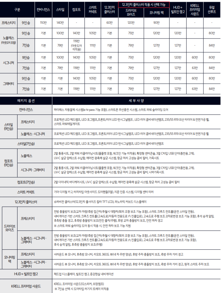 카니발 패키지 옵션 세부사양