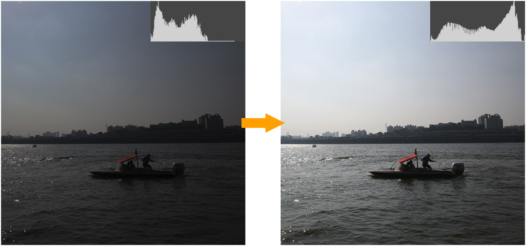 보정 전후 히스토그램 예시