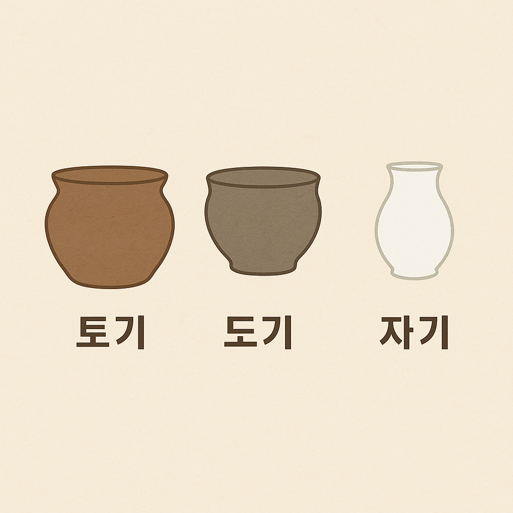 토기, 도기, 자기를 나란히 비교한 일러스트 — 왼쪽부터 붉은색 토기, 회갈색 도기, 흰색 자기 항아리가 각각 배경 없이 따로 배치되어 형태와 색상 차이를 시각적으로 보여줌