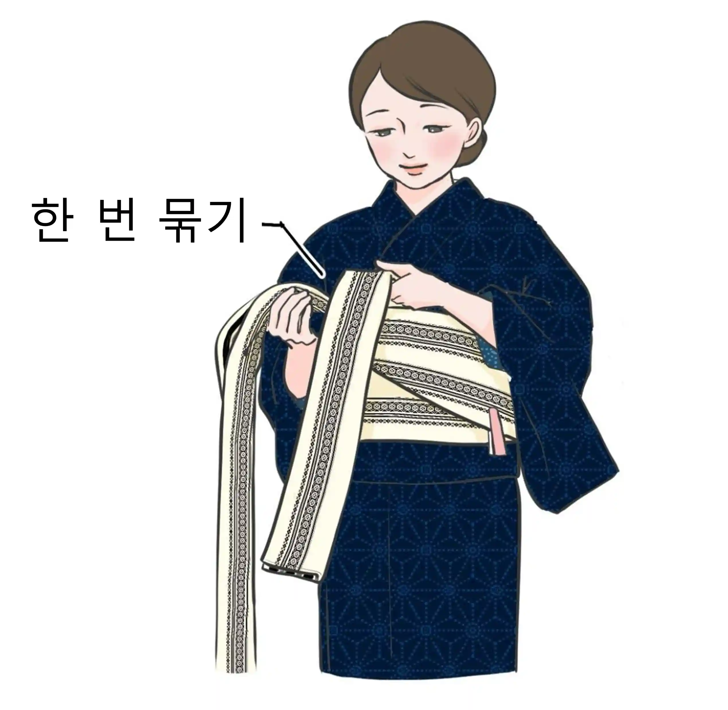 오비를 몸 앞쪽에서 묶습니다