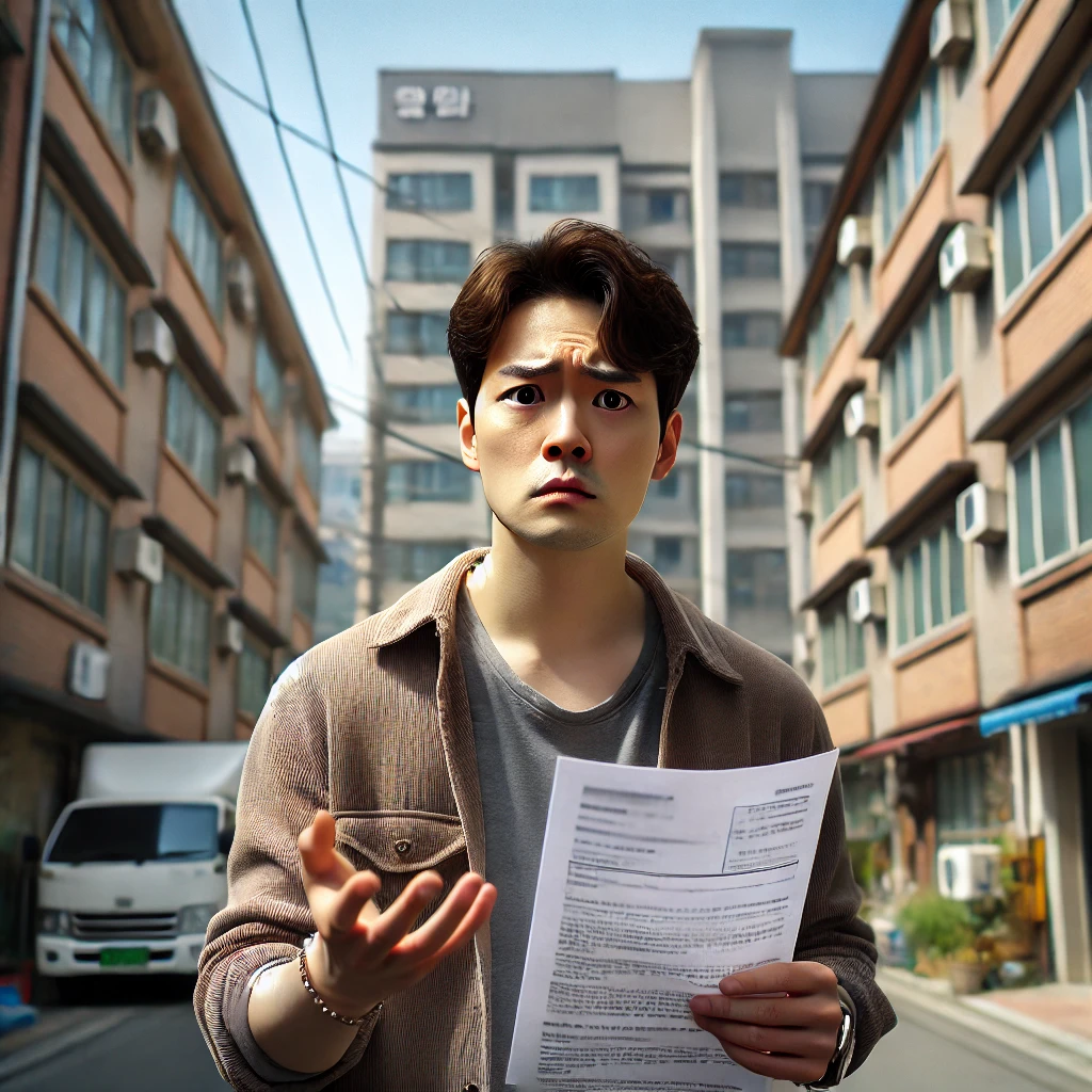 전세계약 사기를 당한 남성이 아파트 앞에서 당황한 모습 