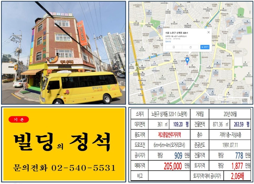  [노원구 항아리상권 20억 꼬마빌딩 실거래가 조회] 상계동 320-1 (노원역) 20.5억 원, 평당 1,877만 원 매매되었습니다. 상계뉴타운, 노원 주공아파트 재건축