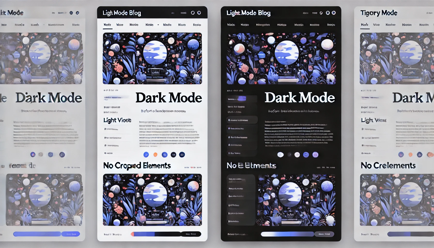 티스토리 블로그의 다크 모드 적용 전후 비교 이미지. 왼쪽에는 두 개의 라이트 모드 UI가 있으며, 흰색 배경과 검은색 텍스트, 파란색 링크가 특징입니다. 오른쪽에는 두 개의 다크 모드 UI가 표시되며, 하나는 검은색 배경과 흰색 텍스트, 보라색 링크를, 다른 하나는 짙은 회색 배경과 청록색 링크를 포함하고 있습니다. 블로그의 헤더, 게시글 제목, 댓글 섹션이 함께 표시되어 있어 라이트 모드와 다크 모드의 가독성 차이를 확인할 수 있습니다.